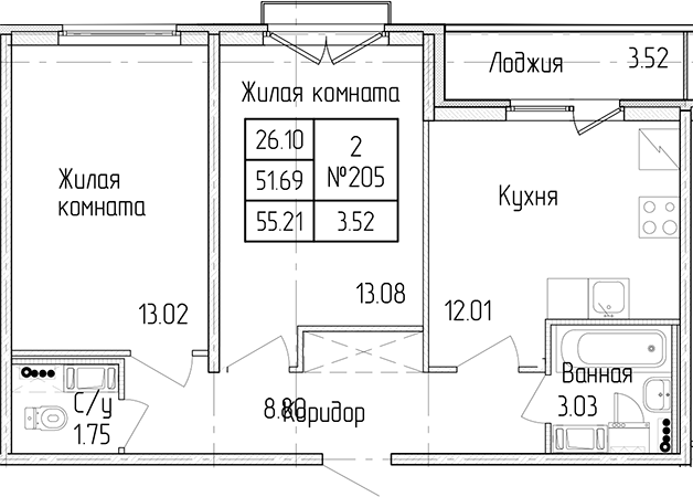 2-комнатная квартира 51.69 м², 3/4 эт., ЖК «Любоград в Стрельне»